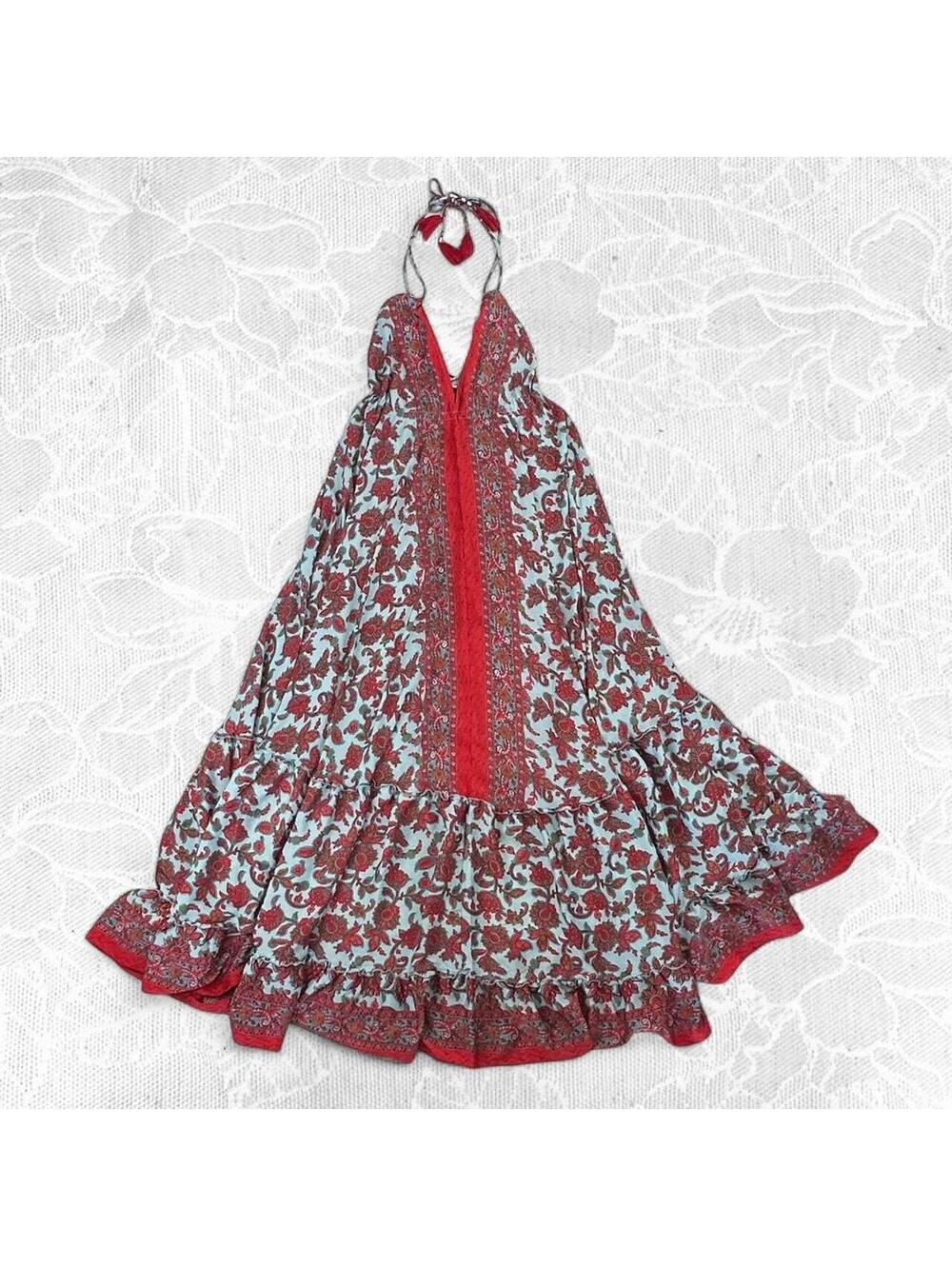 Palak Red and Aqua Floral Boho Halter Maxi Dress